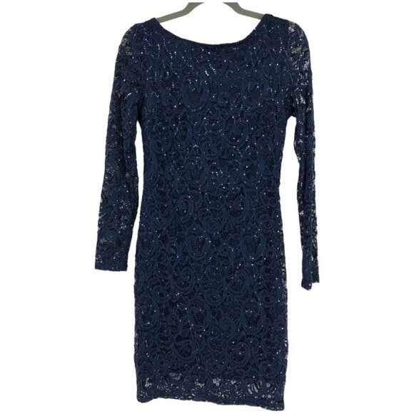 MARINA Navy blue Longsleeve Sequin Sheath Cocktail Dress Low Back Size ~ S - Picture 2 of 10